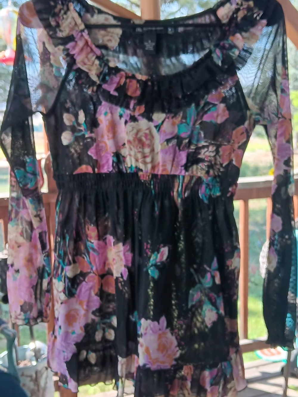 INC International Concepts Black Sheer Floral Ruffle-Neck Blouse